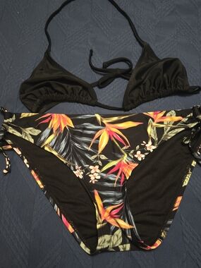 Kona Sol Black Triangle Bikini with Orange & Pink Tropical Print